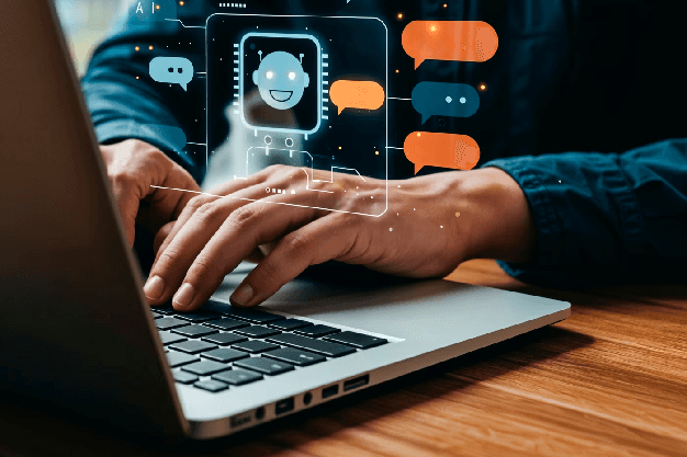 Customer support interaction visualised over a laptop workspace